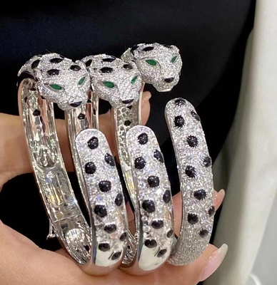 White Gold Panther Cartier Diamond Bangle Onyx Emeralds Brilliant Cut Diamonds