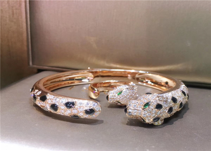 Pink Gold Diamond Panthere De Brand Bracelet With Emerald And Onyx